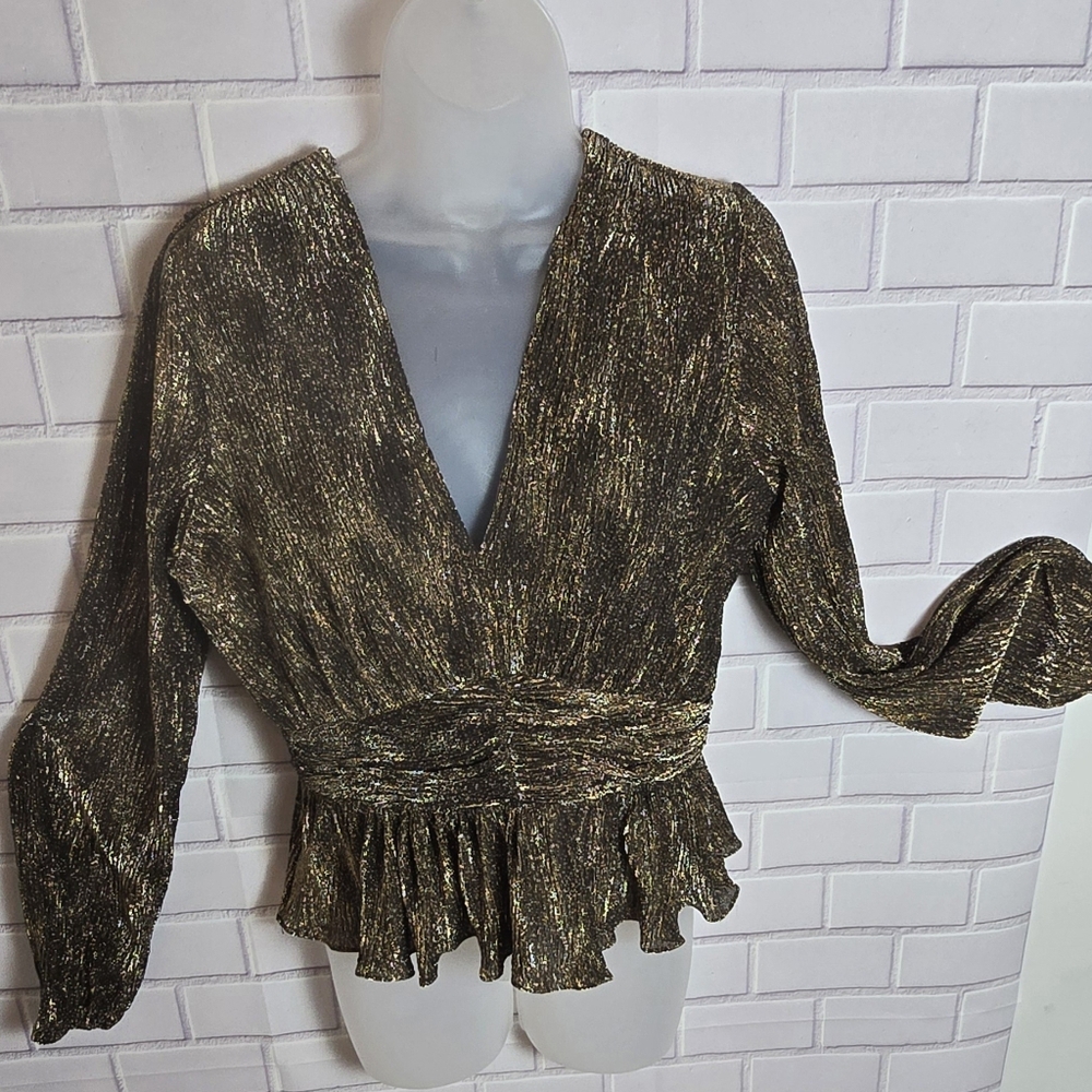 Parker Gold and Black Ruffled V-neck Blouse with Long Sleeves   NWOT